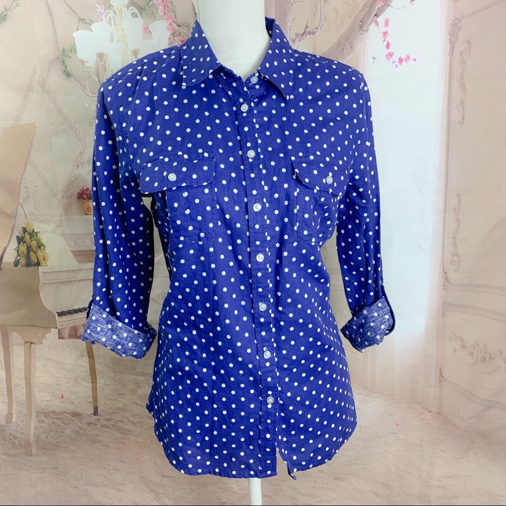NEW Talbots Blue Linen Polka Dot Button down Collared Shirt